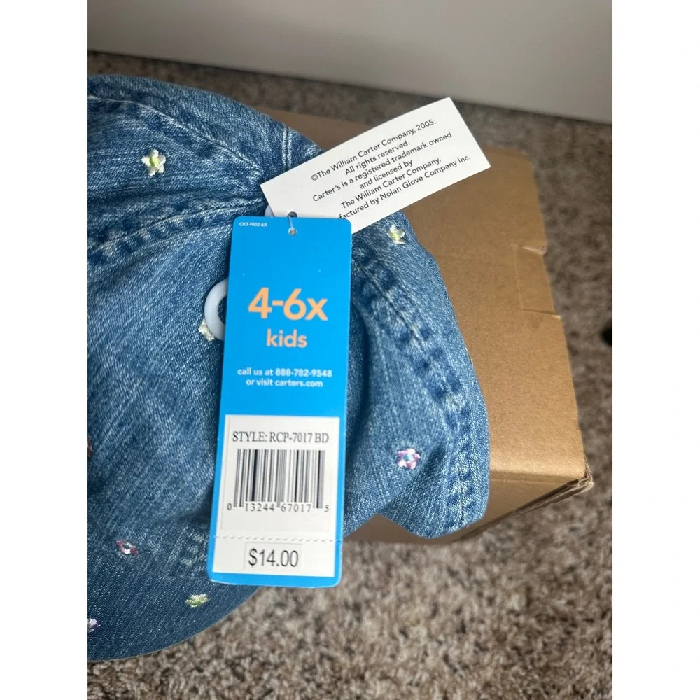 Carters Kids Denim Floral Embroidered Baseball Cap Hat with Back Bow Blue 4-6X